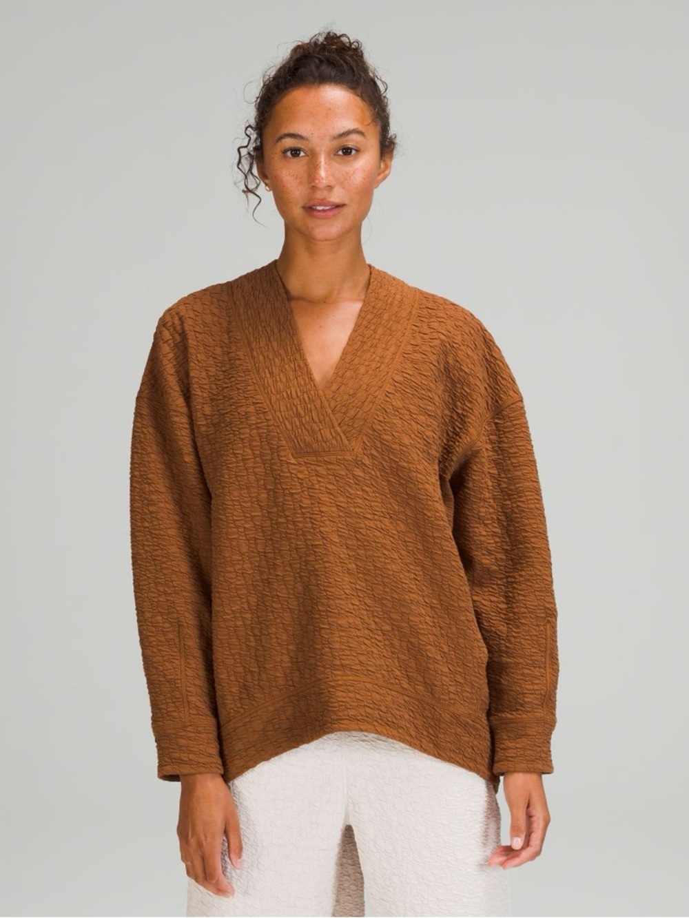 Lululemon Rippled V-Neck Pullover Copper Brown Textured Oversized Sweatshirt